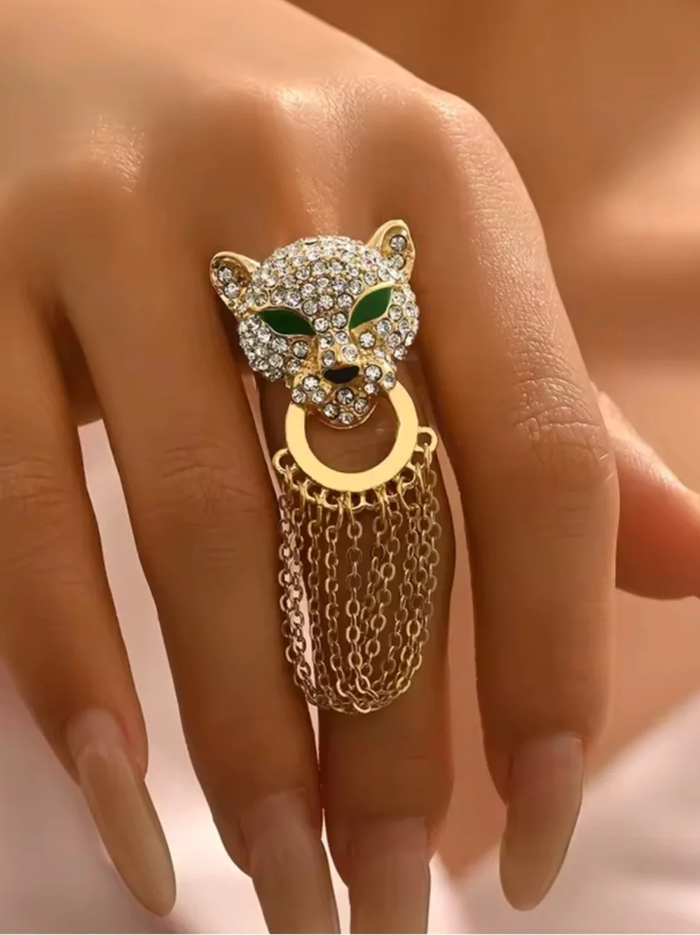 Adjustable size Gold Crystal Leopard Head Ring with Green Eyes